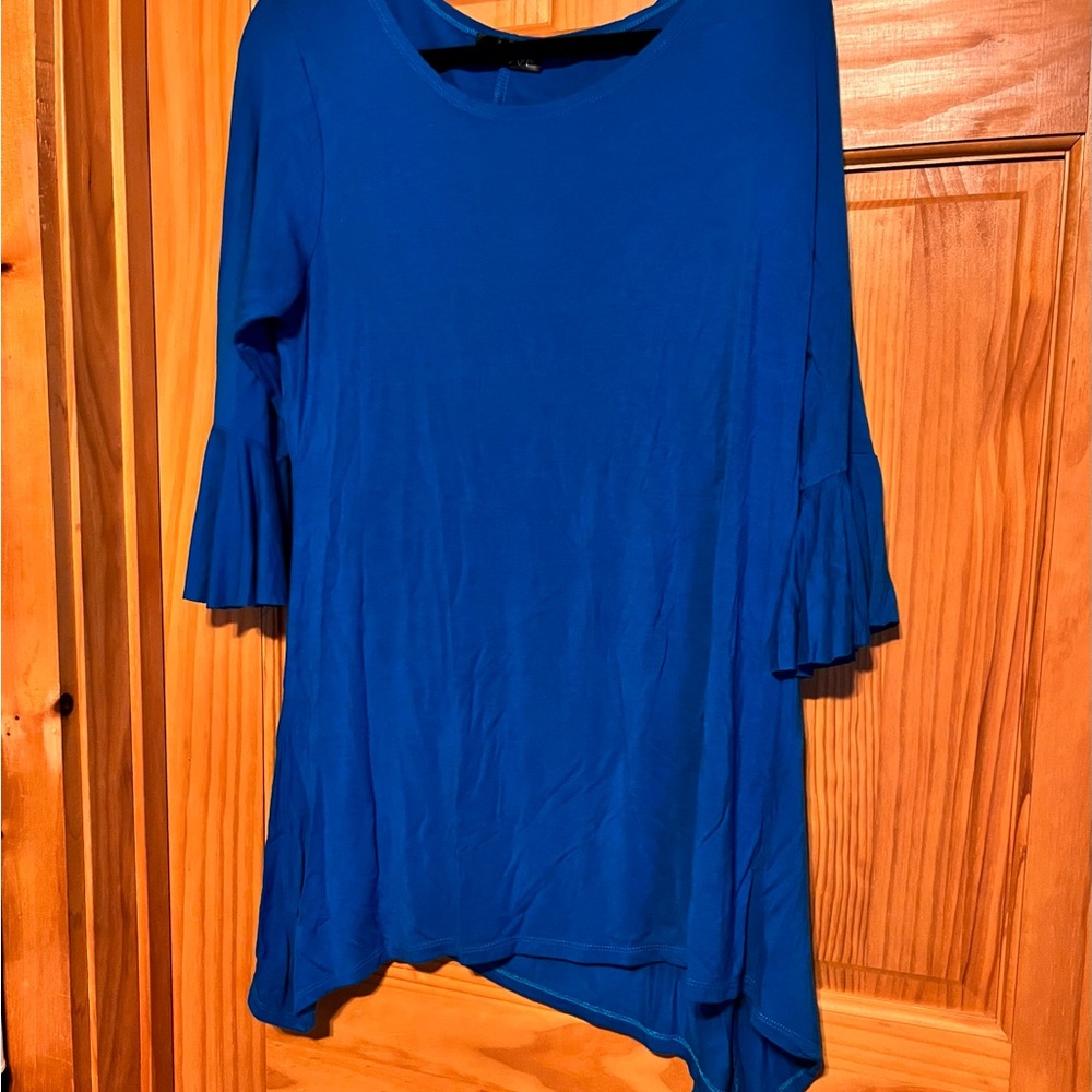 Blue Asymmetrical Top with Ruffle Sleeves